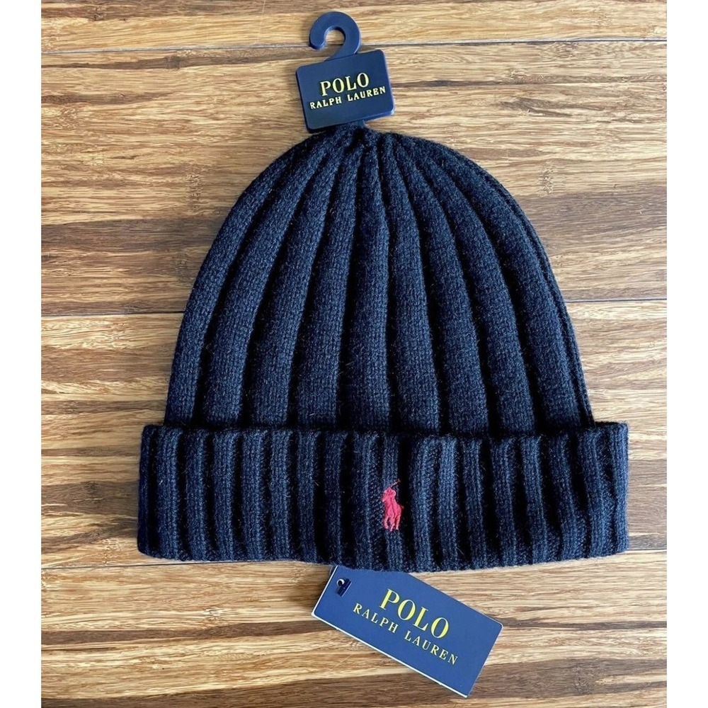 Polo Ralph Lauren Signature Merino Wool Blend Cuffed Beanie Black With Red New